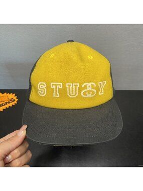 Stussy Capz Yellow & Black Snapback Hat With Logo Graphic And Adjustable Strap